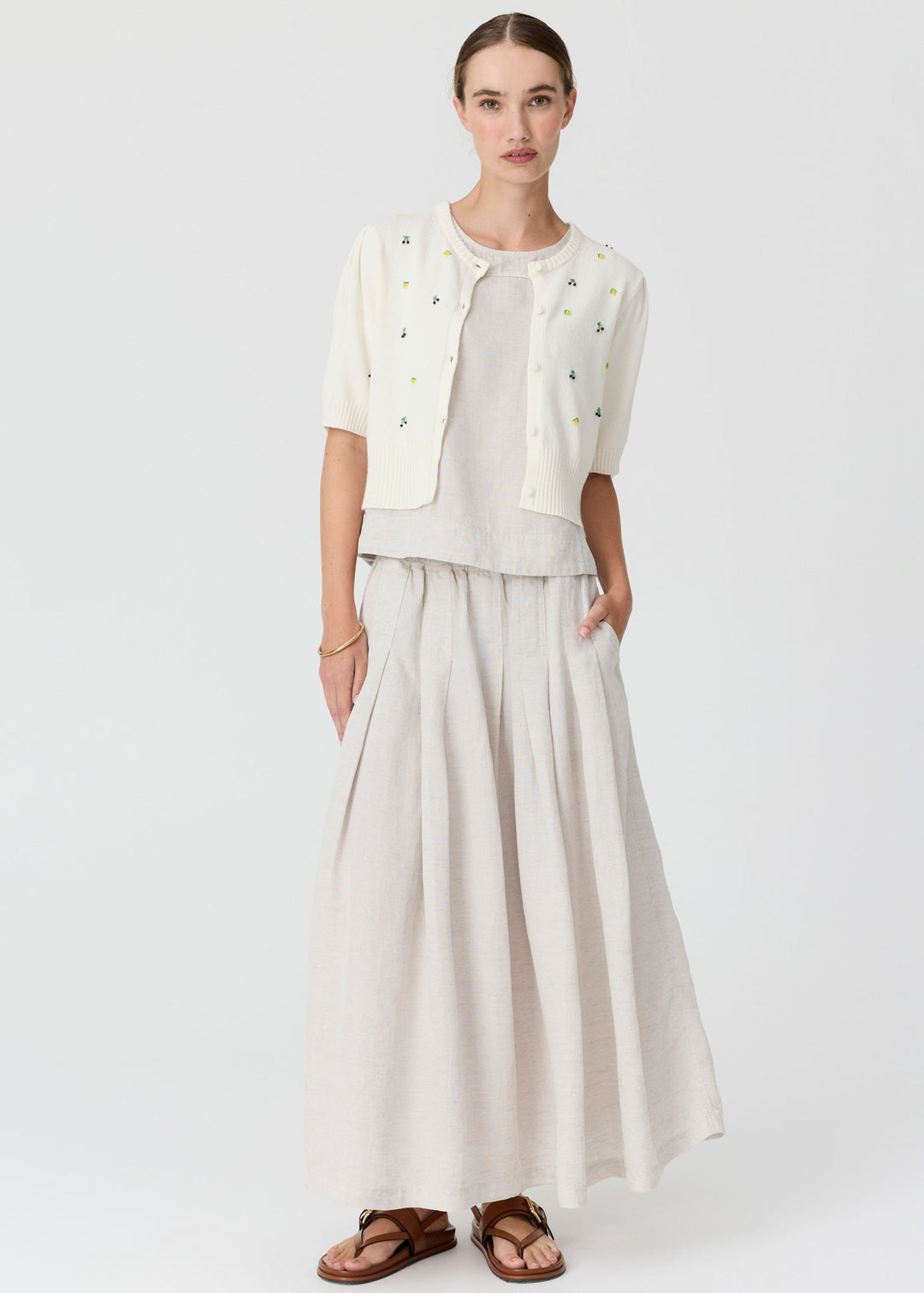 POL Viloa Beaded Short Sleeve Cardigan Chalk