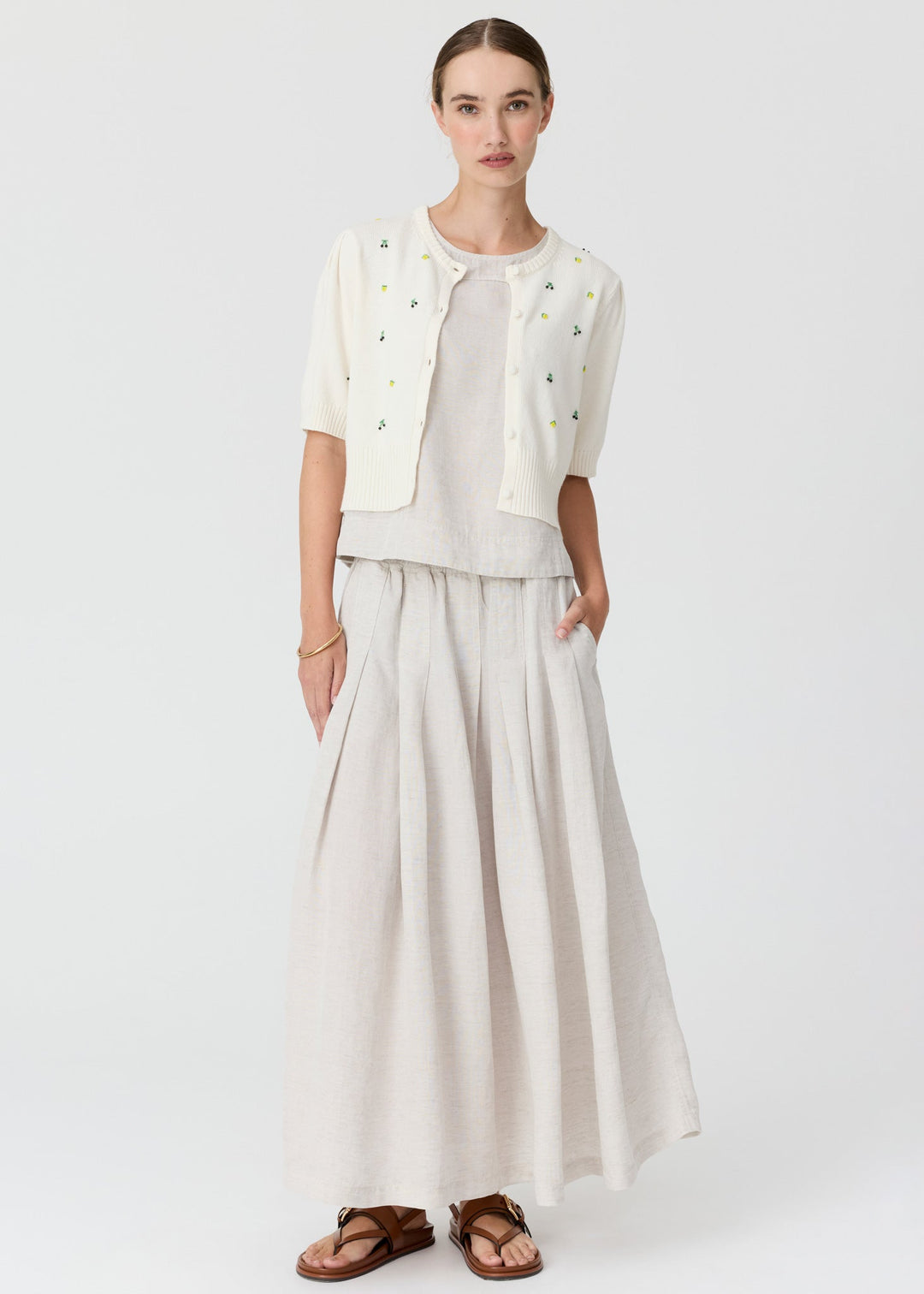 POL Viloa Beaded Short Sleeve Cardigan Chalk