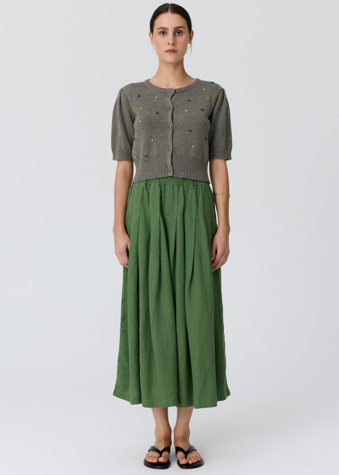 POL Viloa Beaded Short Sleeve Cardigan Moss