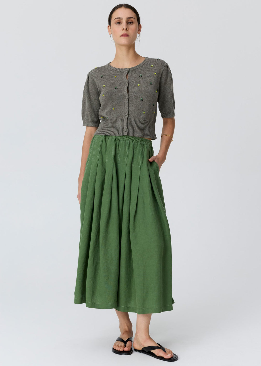 POL Viloa Beaded Short Sleeve Cardigan Moss