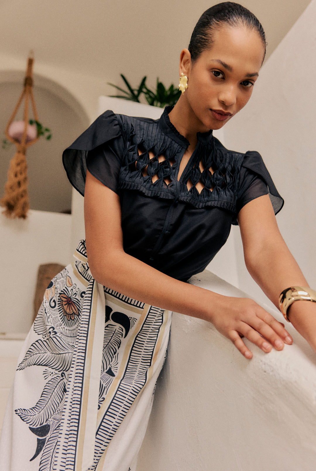 Once Was | Zenobia Contrast Trim Viscose Dobby Midi Skirt | Ivory Casablanca