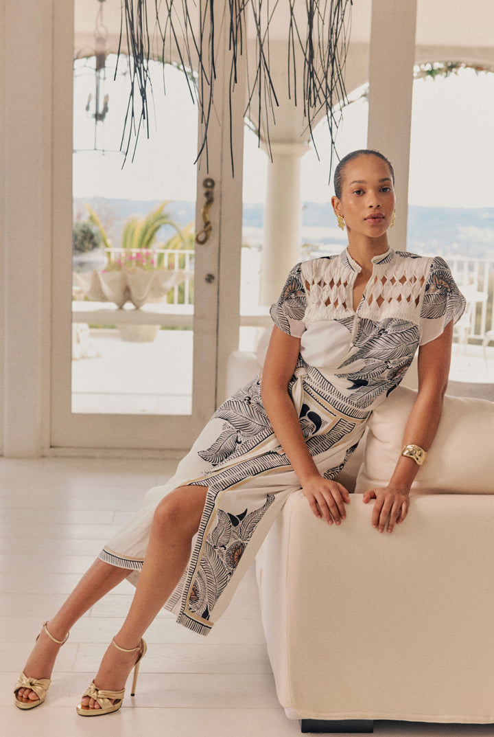 Once Was | Zenobia Contrast Trim Viscose Dobby Midi Skirt | Ivory Casablanca