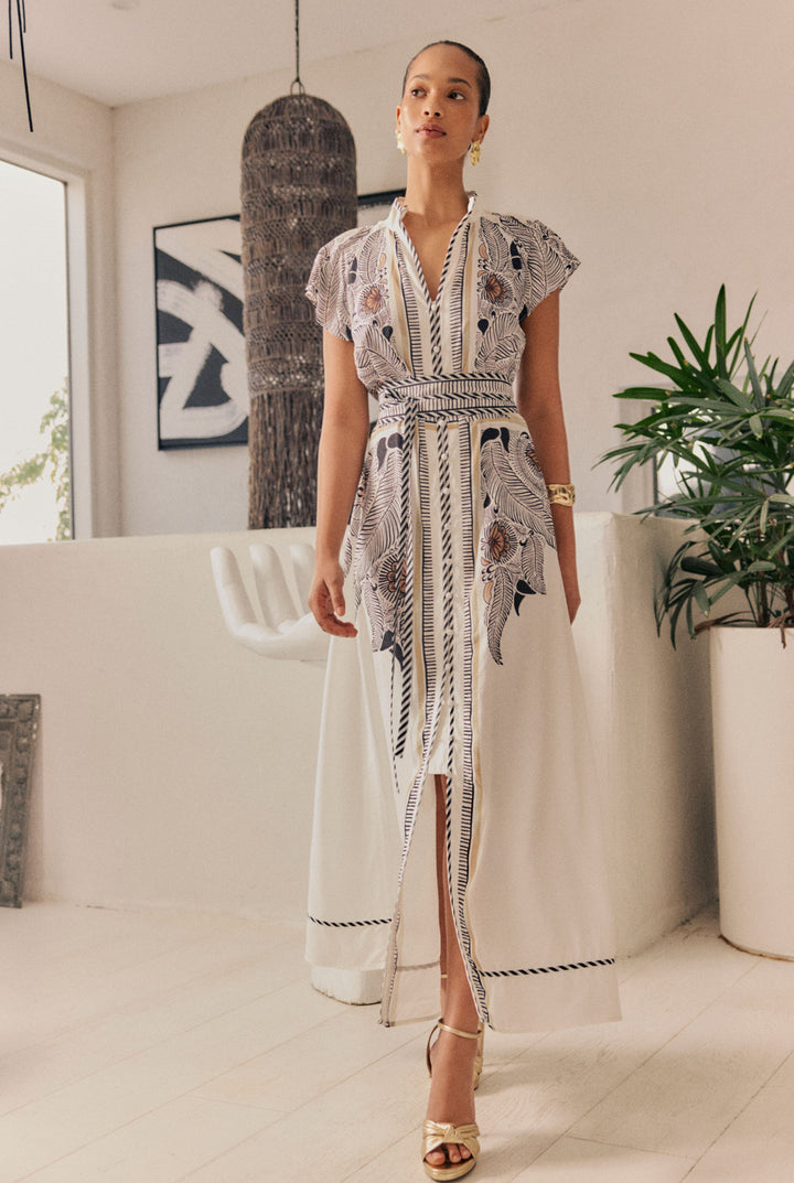 Once Was | Malika Viscose Dobby Contrast Bind Flutter Sleeve Dress | Ivory Casablanca - Dutch Hideout