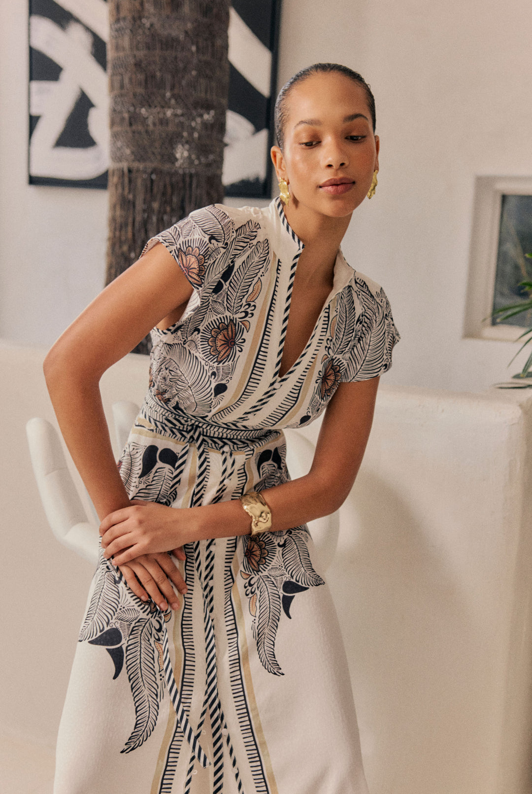 Once Was | Malika Viscose Dobby Contrast Bind Flutter Sleeve Dress | Ivory Casablanca - Dutch Hideout