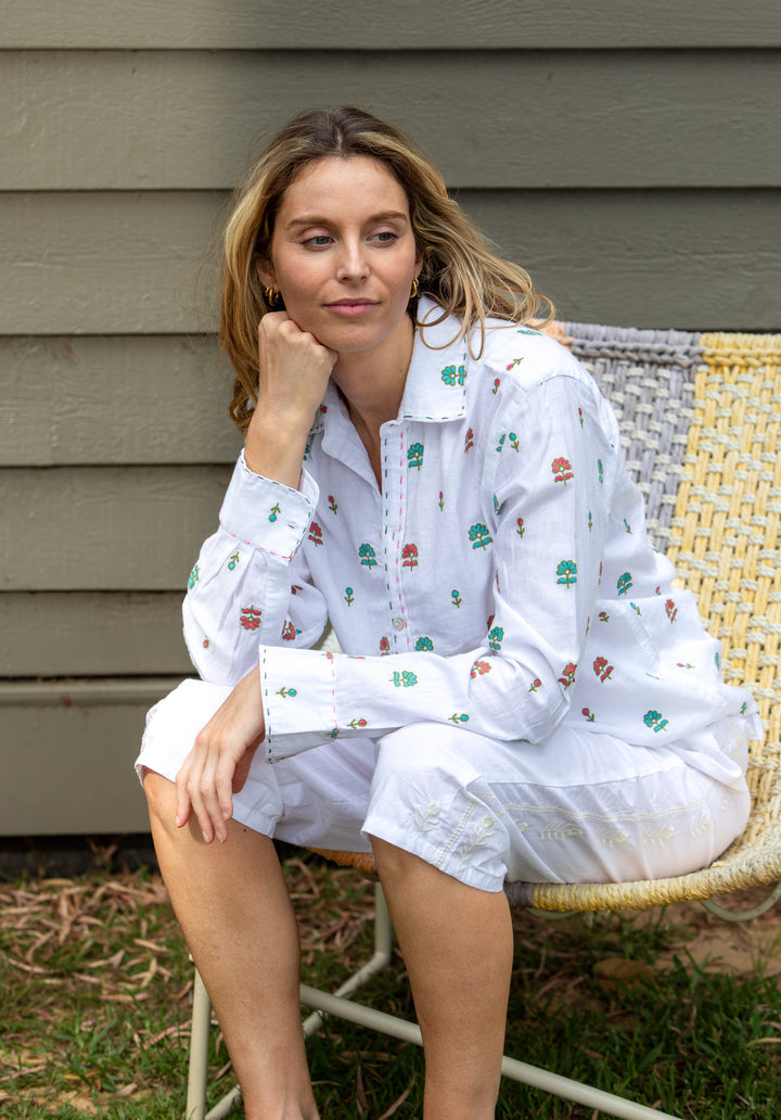 Mandalay Designs | Ditsy Flower Embroidered Shirt | White