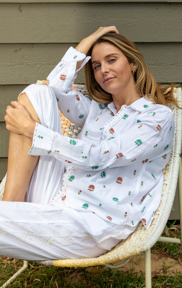 Mandalay Designs | Ditsy Flower Embroidered Shirt | White