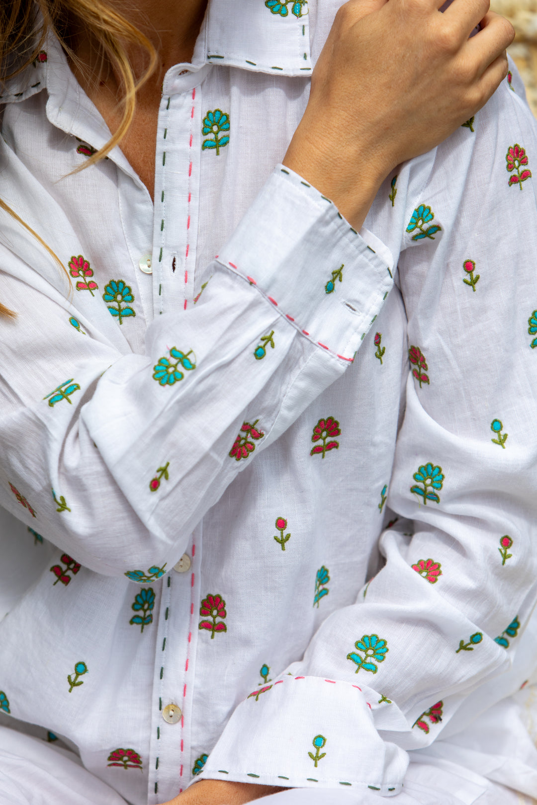 Mandalay Designs | Ditsy Flower Embroidered Shirt | White