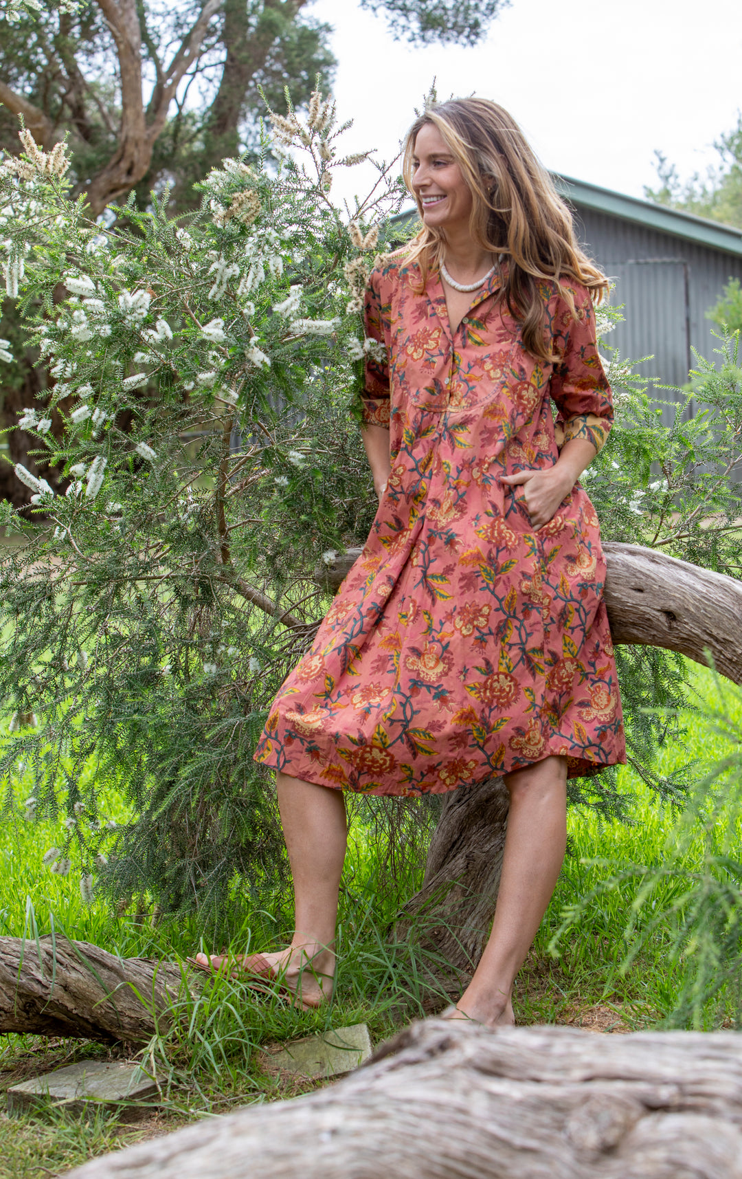 Mandalay Designs | Charleston Floral Shirtdress Midi | Coral