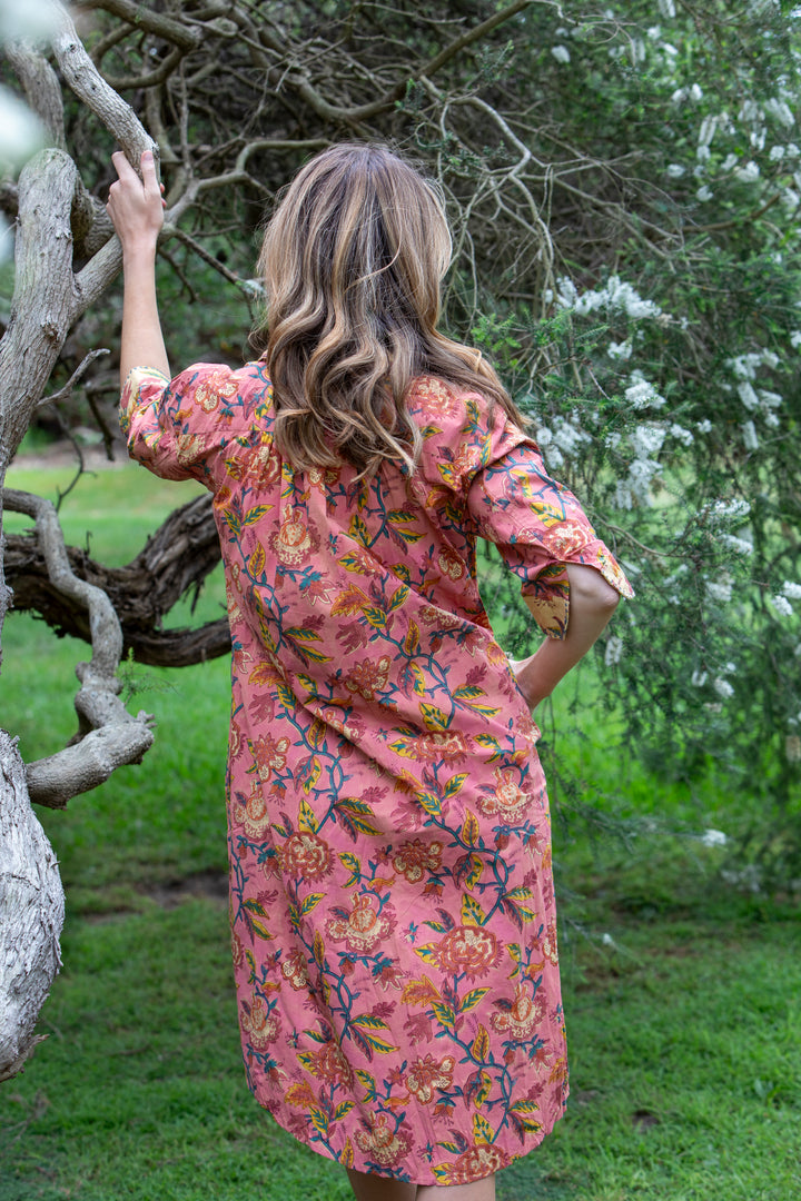 Mandalay Designs | Charleston Floral Shirtdress Midi | Coral