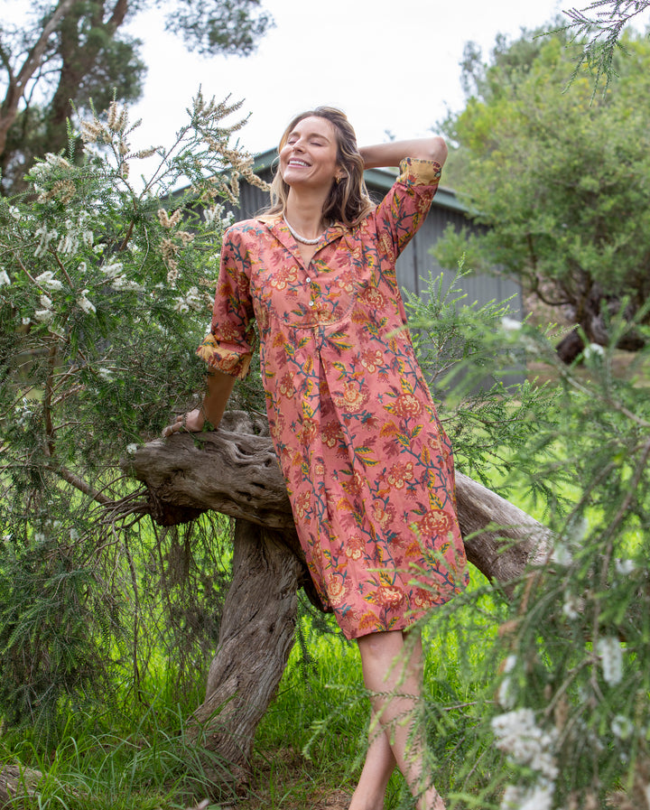 Mandalay Designs | Charleston Floral Shirtdress Midi | Coral