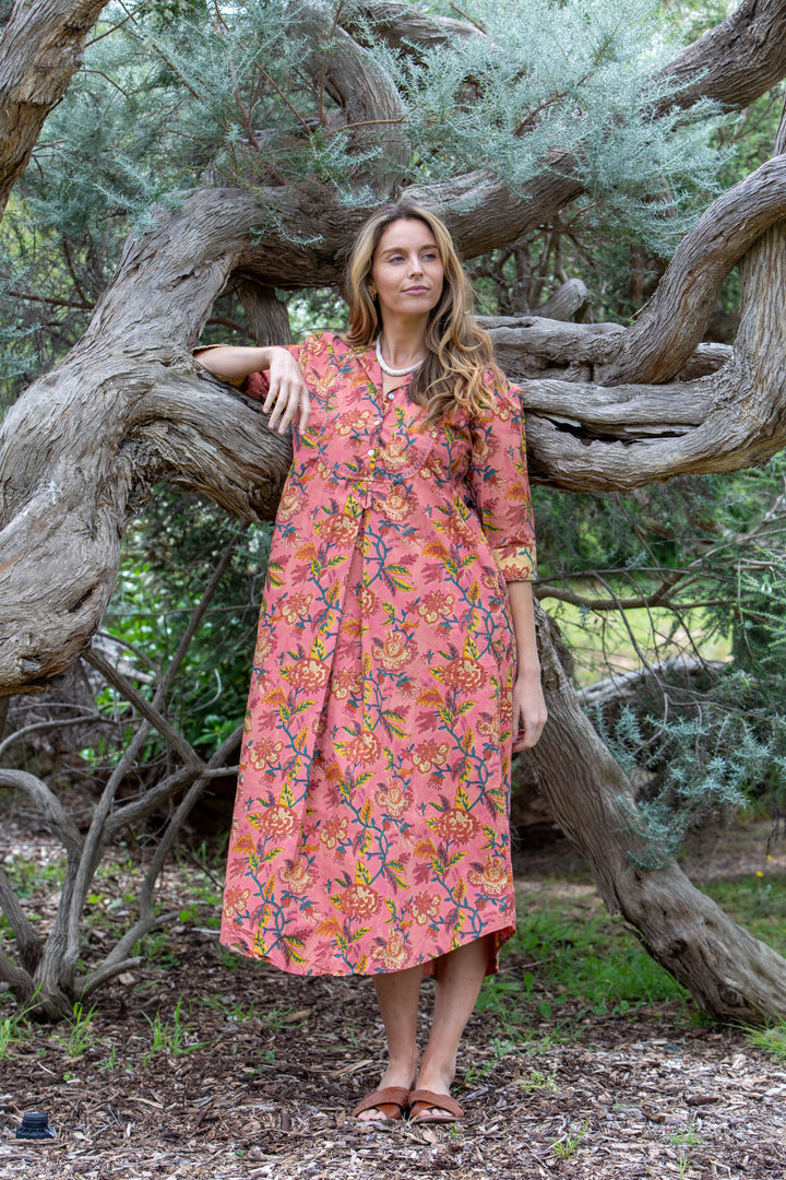 Mandalay Designs | Charleston Floral Maxi | Deep Coral