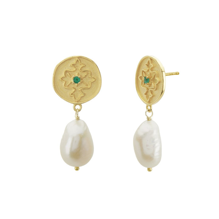 Murkani | Wandering Soul Green Onyx & Pearl Earrings | 18KT Yellow Gold Plate