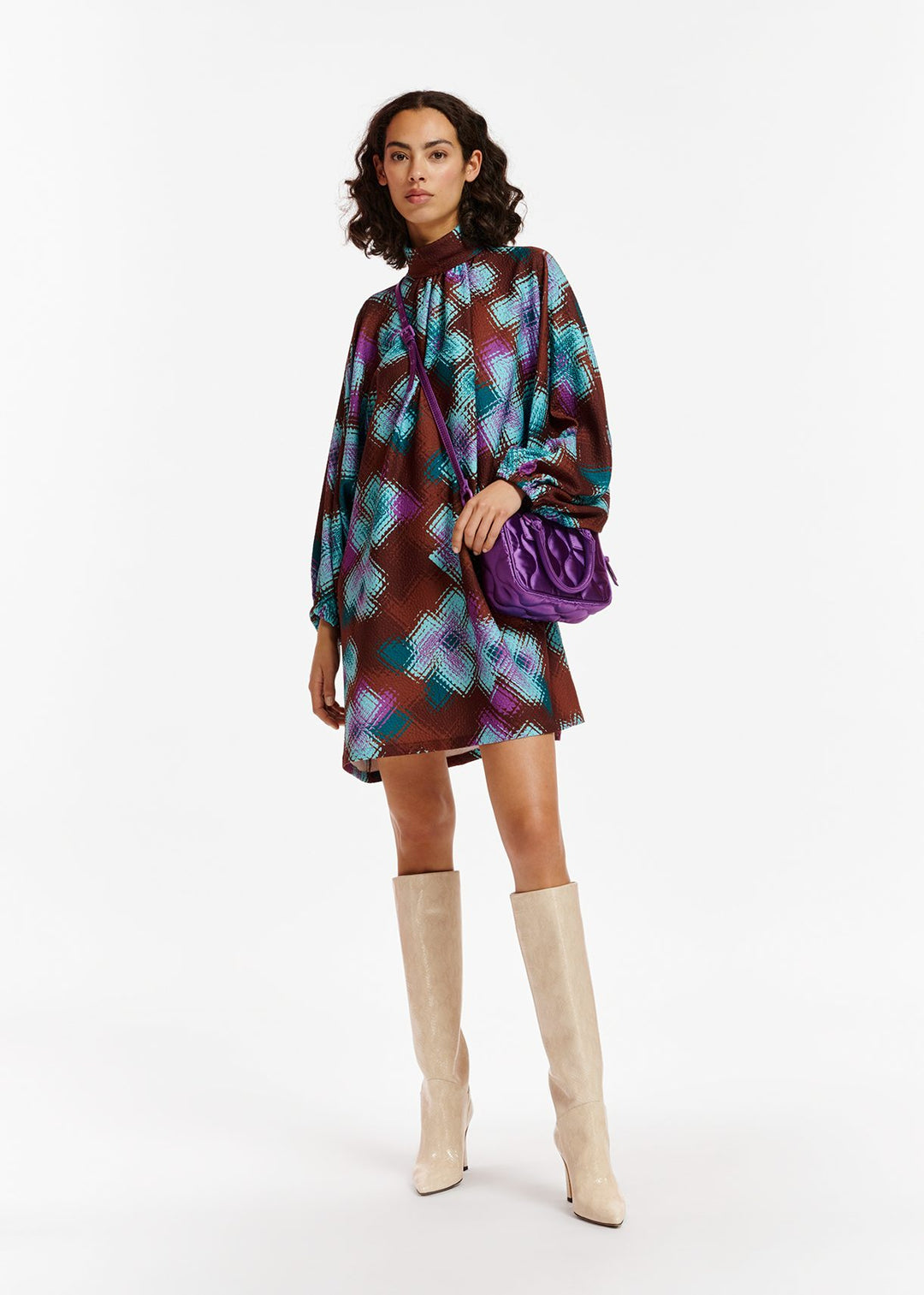 Essentiel Antwerp | Embshell High Collar Mini Dress | in brown, light blue & purple