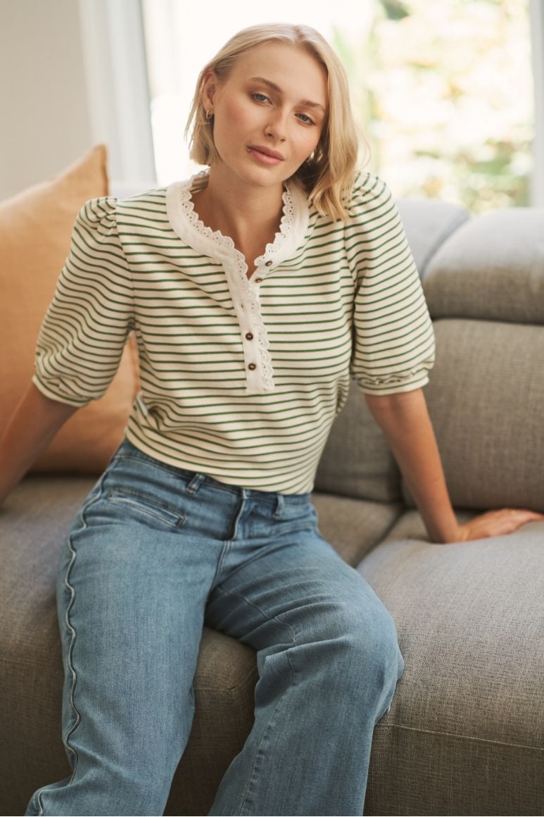 KIREINA Jacqueline Top - White w/Green Stripe