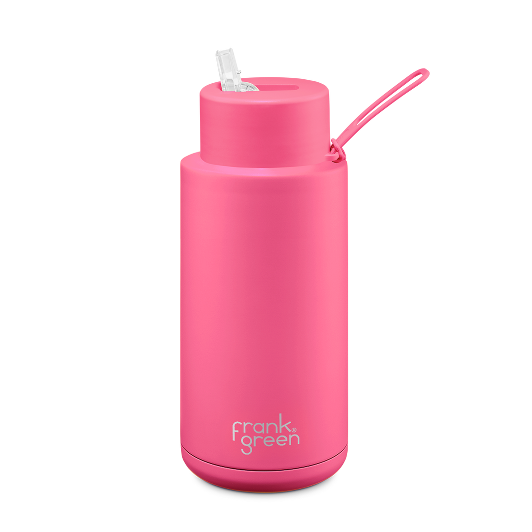 FRANK GREEN | STAINLESS STEEL CERAMIC REUSABLE BOTTLE | NEON PINK W/ STRAW LID