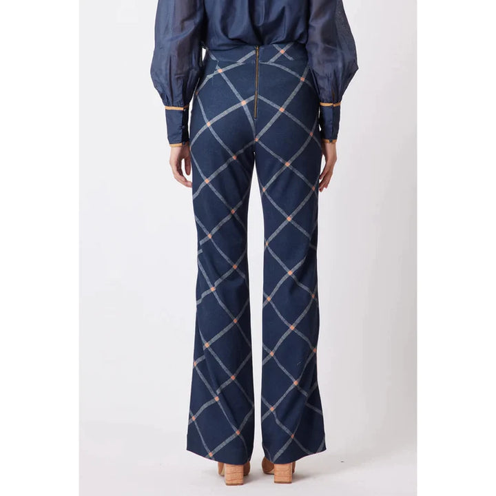 ONCE WAS | GETTY PONTE CONTRAST CHECK FLARED PANTS - NAVY