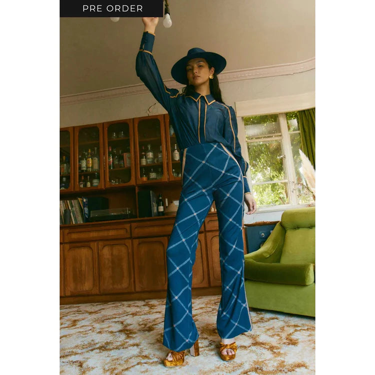 ONCE WAS | GETTY PONTE CONTRAST CHECK FLARED PANTS - NAVY